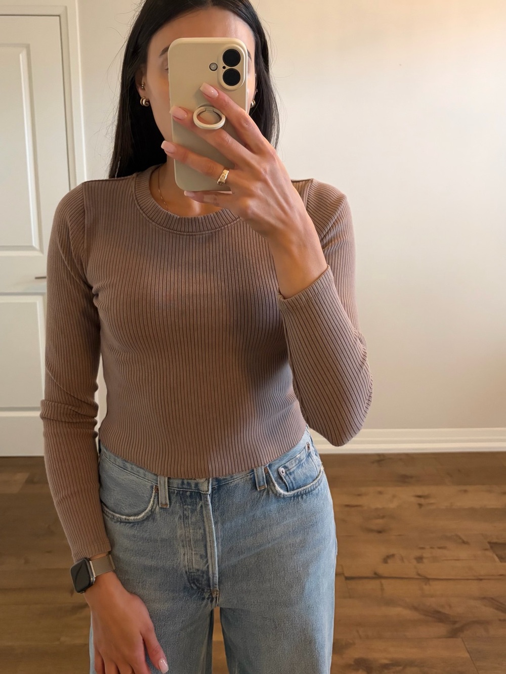 Aritzia Wilfred Free Classic Ribbed Long-Sleeve Crew Top in Mauve